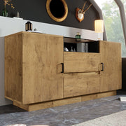 Credenza Sideboard con 2 Cassetti e 2 Ante in Vetro ESG ¨C MINIMAL ¨C Effetto Rovere/Nero, 140x70x40 cm