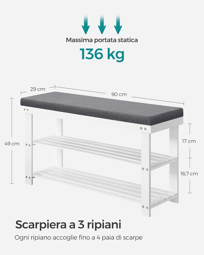 SONGMICS Panca Scarpiera in Bambù, Portascarpe a 2 Ripiani, Organizzatore per Scarpe Stabile per Corridoio, Soggiorno, Seduta Regge Fino a 136 kg, 29 x 90 x 49 cm, Bianco e Grigio LBS904W01