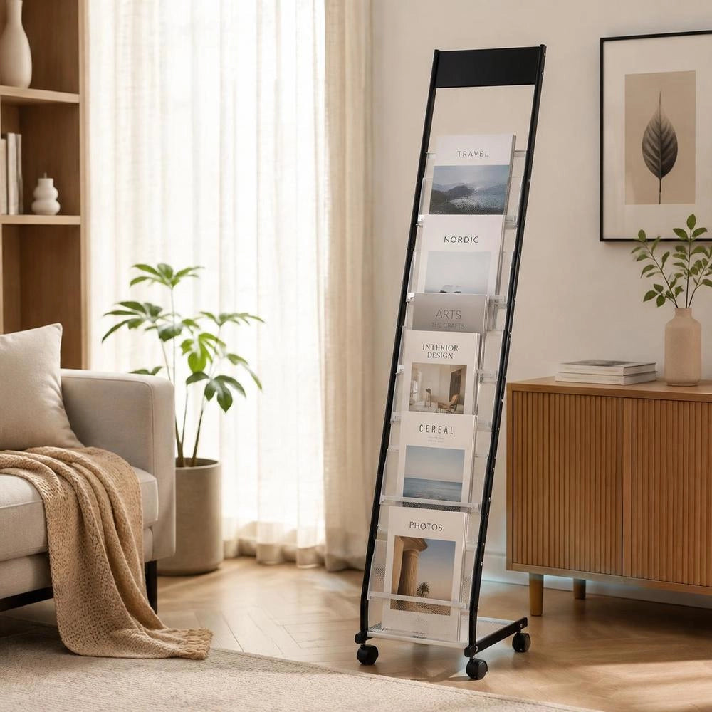 6 Tier Metal Brochure Display Rack With Wheels, Narrow Floor Standing Magazine Holder, Movable Catalog Newspaper Storage Stand For Store Office Exhibition