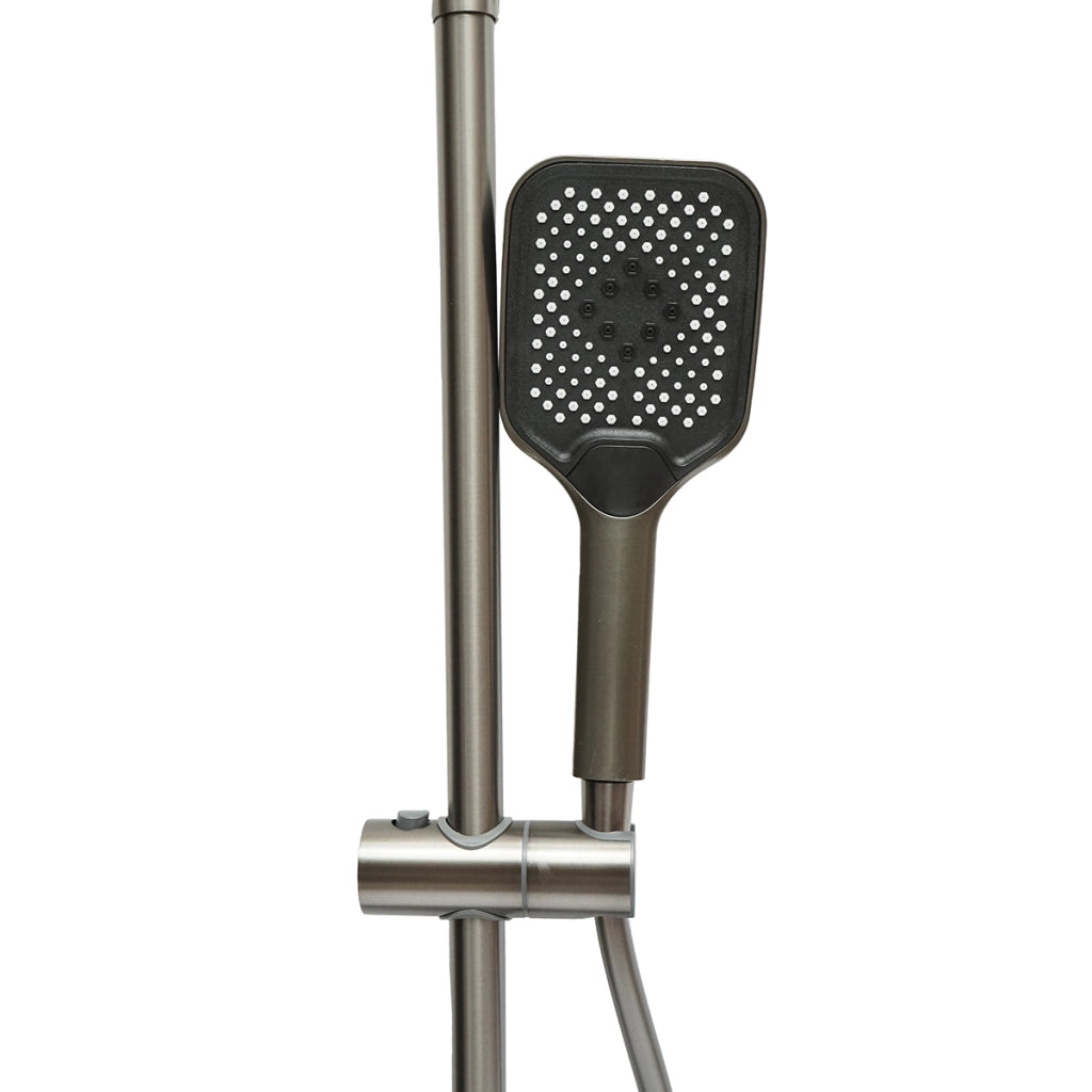 Set doccia multifunzionale con termostato, display digitale della temperatura dell’acqua, 4 funzioni di erogazione dell’acqua, bocca vasca, soffione doccia rettangolare, doccetta, doccia bidet, colore grigio.