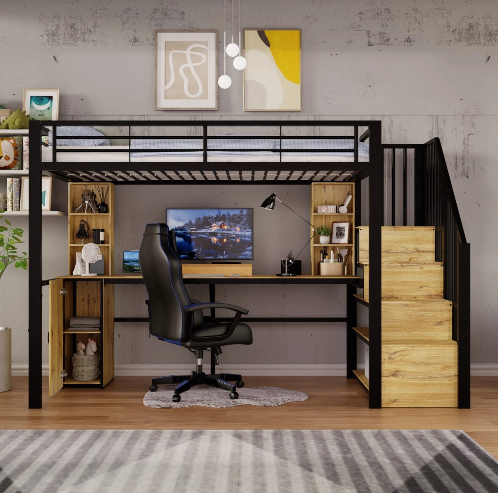 Letto a soppalco 90x200 cm con scrivania; vani contenitore e porta USB; nero; metallo e MDF