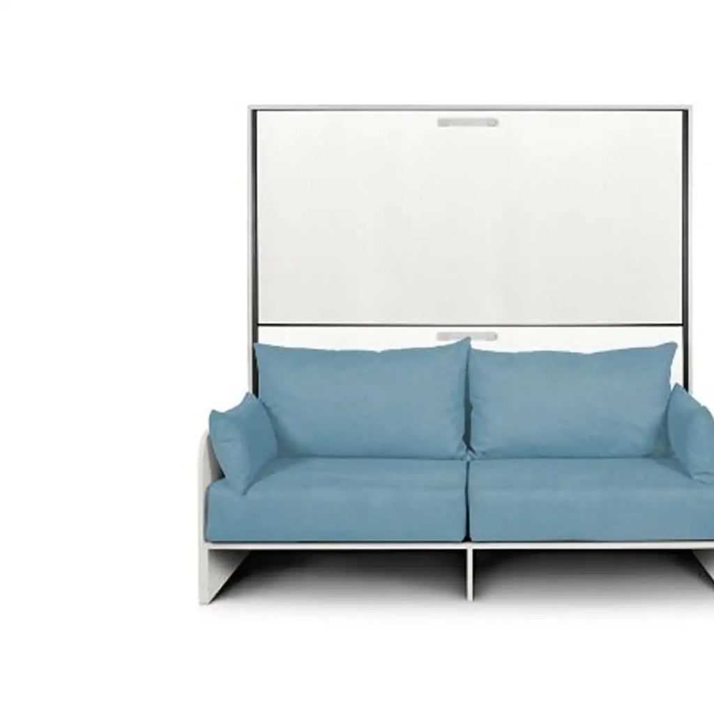 Letto doppio a scomparsa Kando con divano con materassi bianco frassino, azzurro