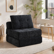 Divano letto pieghevole in chenille nero 79x180x18 cm; con cuscino schienale e poggiatesta