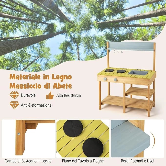 Cucina Giocattolo in Legno, Cucina per Bambini in Legno con Ganci Appendibili, 2 Fornelli, Lavello Rimovibile e Scaffali Aperti, Set da Giocattolo per Bambini 3+ Anni