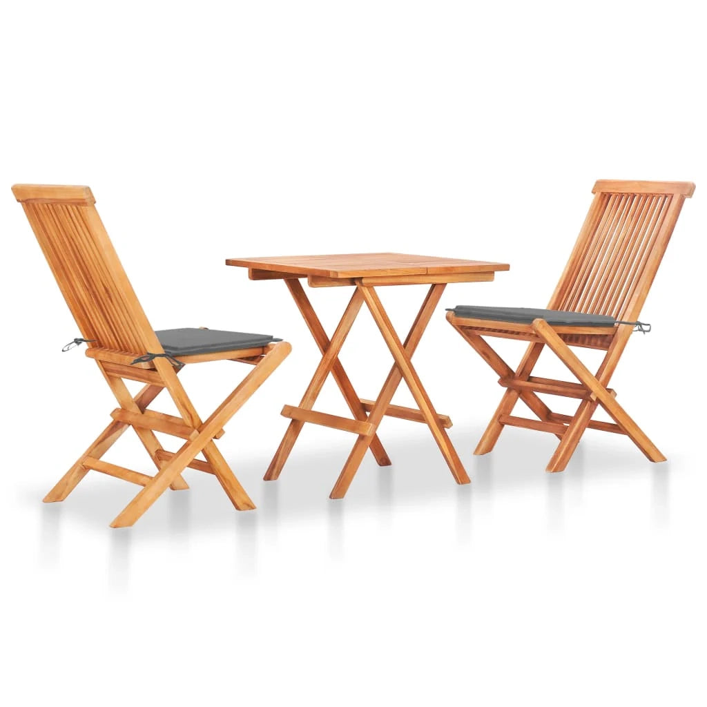 Set da bistrot da 3 pezzi per giardino e patio mobili da esterno con cuscini grigi legno massello di teak 02_0013515