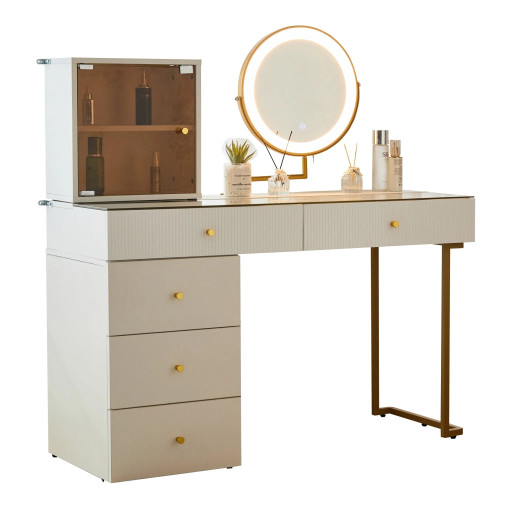 Tavolo da trucco 120x45x115 cm con specchio LED a 3 colori; piano in vetro; bianco e oro