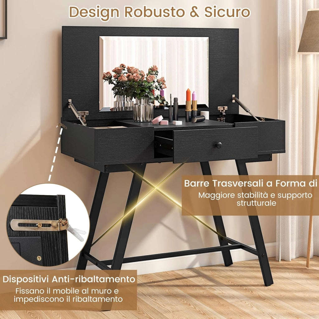 2 in 1 Tavolo da Trucco Pieghevole, Tavolo da Toeleta con Specchio a Ribalta, Stazione di Ricarica, 6 Scomparti, Cassetto, Piano di Lavoro, per Soggiorno Camera da Letto (Nero)