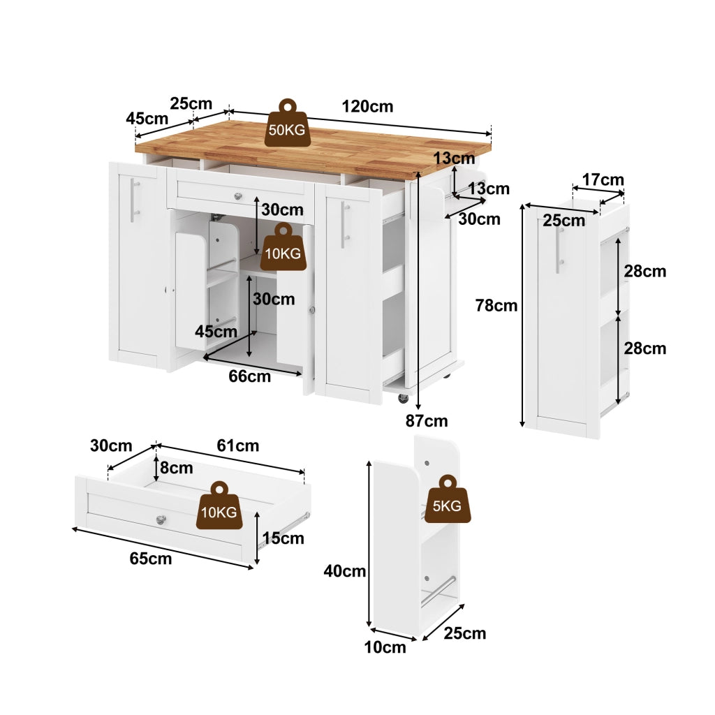 Carrello da cucina con piano ribaltabile; 3 cassetti; 2 ante e ripiani; per cucina; 120×45×87 cm