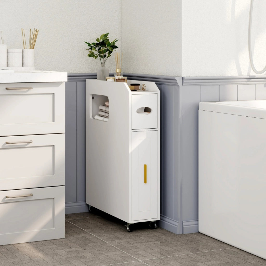 Organizzatore da 16 cm stretto e slim con portascopino e ruote con freno, Mobiletto da bagno piccolo per spazi ridotti Bianco