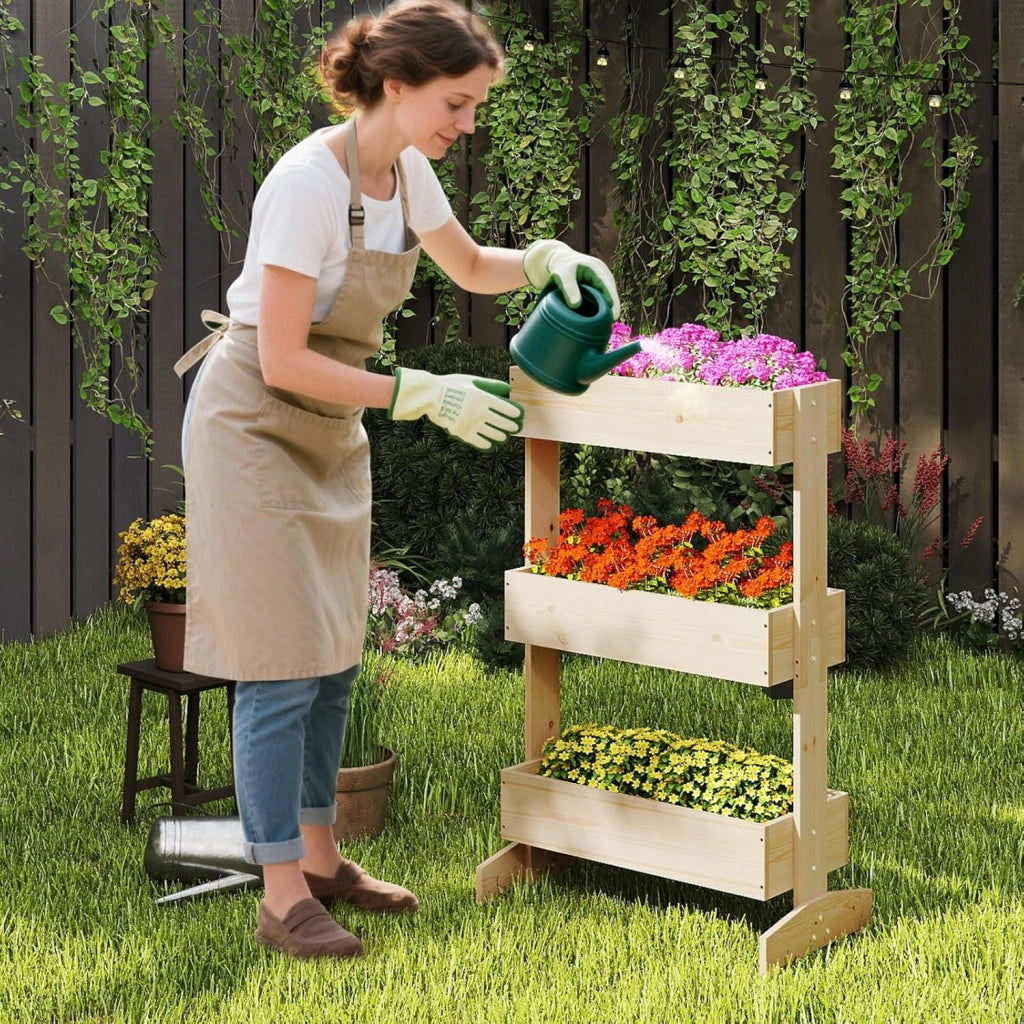 Letto da Giardino Rialzato a 3 Livelli, Fioriere in Legno da Interno e Esterno per Fiori, Verdure ed Erbe, Supporto per Vasi da Fiori Autoportante per Patio, Balcone e Giardino