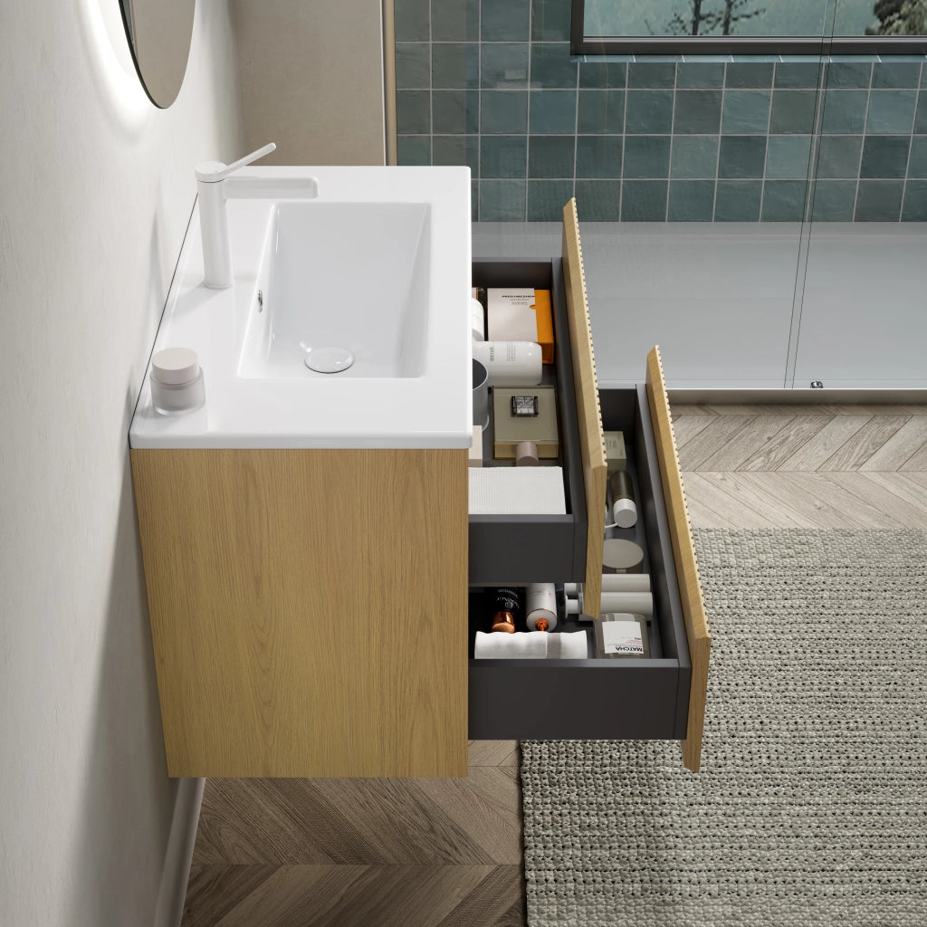 Mobile bagno sospeso con lavabo integrato in ceramica; 2 cassetti con chiusura ammortizzata; rovere e bianco