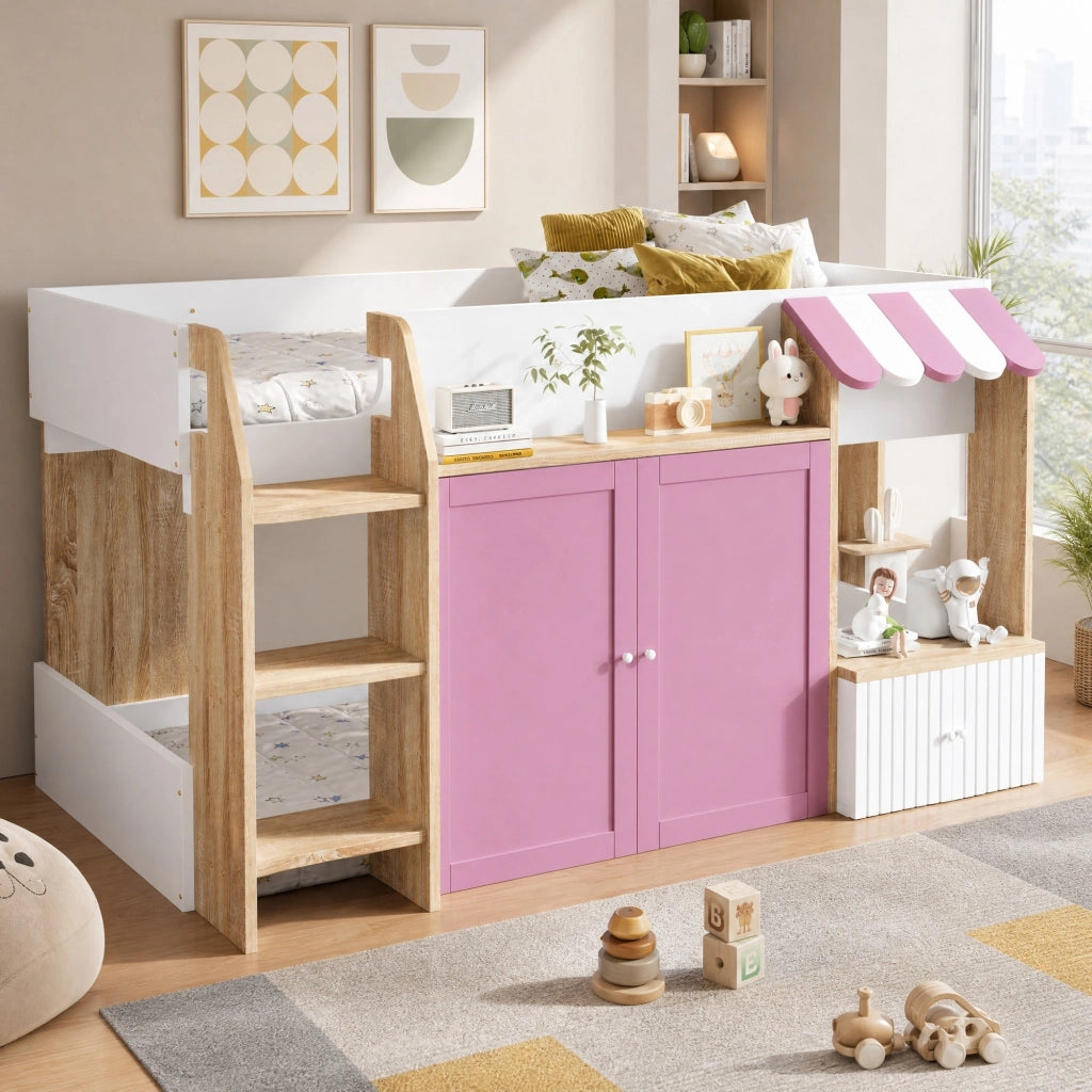 DESMIU Letto a soppalco per bambini 1 posto con scala, contenitori e ripiani, 90 × 200 cm, senza materasso, rosa e bianco