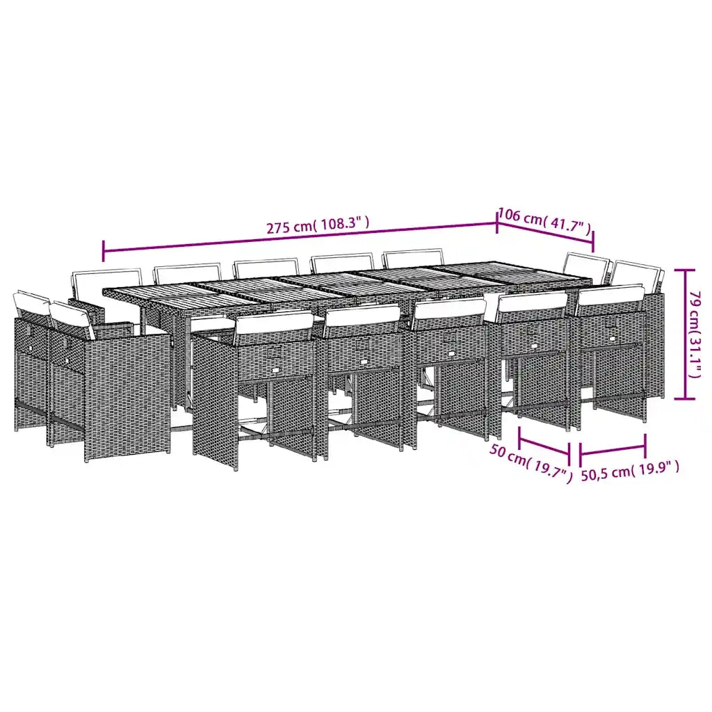 Set da Pranzo da Giardino 15 pz con Cuscini Nero in Polyrattan 3211239