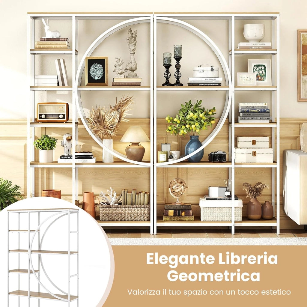 Libreria Moderna a 6 Ripiani Aperti, Scaffale Alto Autoportante Forma di Mezzaluna, Struttura in Metallo, Organizzatore per Soggiorno Ufficio, 100x30x177 cm (Naturale)