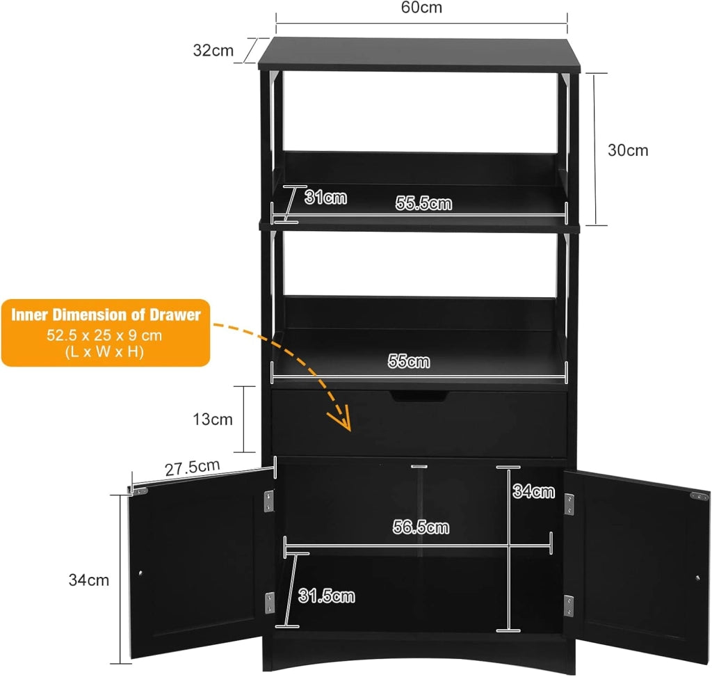 Armadio da bagno con cassetto, armadio alto con 2 ripiani aperti, ripiano multiuso per microonde, 60 x 32,5 x 122 cm (nero)