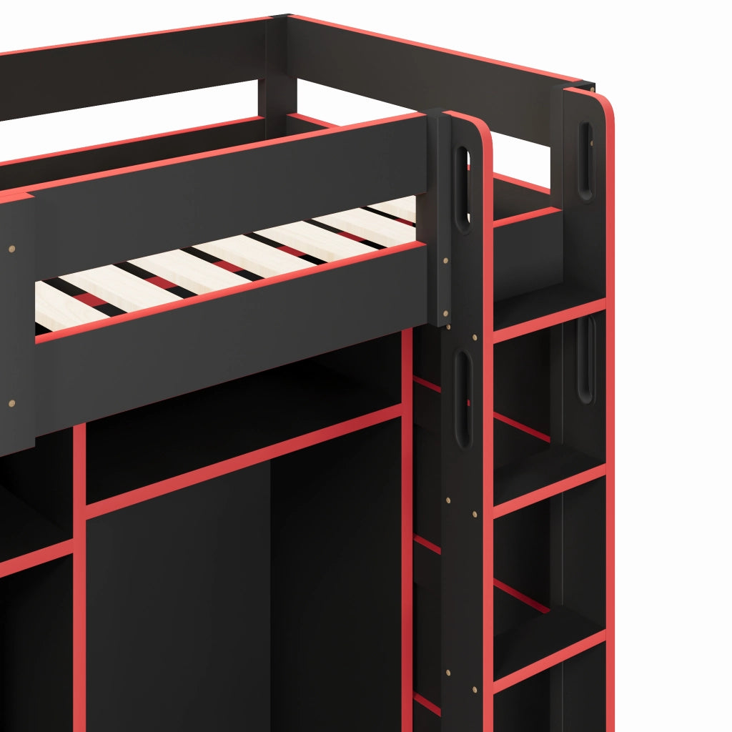 Letto a soppalco 90 × 200 cm con scrivania armadio aperto LED USB in MDF e compensato nero e rosso