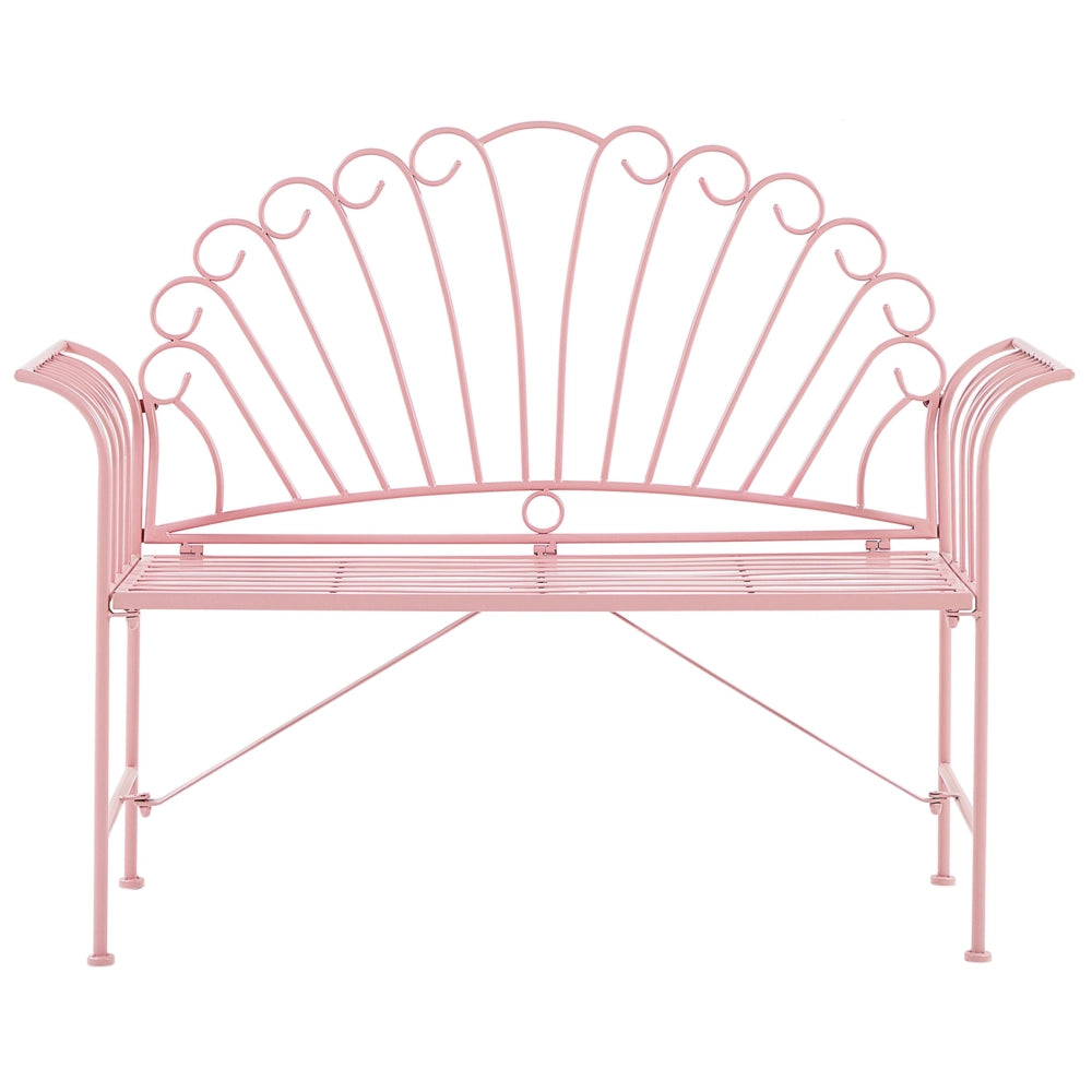 Set panca da esterno in metallo rosa a 2 posti con braccioli svasati con tavolo in stile vintage