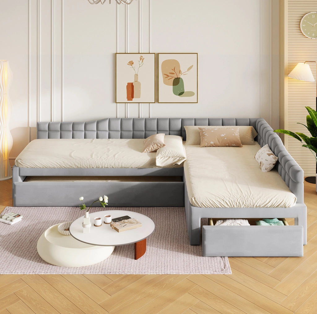 Letto a L 90x200 cm con letto estraibile e cassetti in MDF grigio