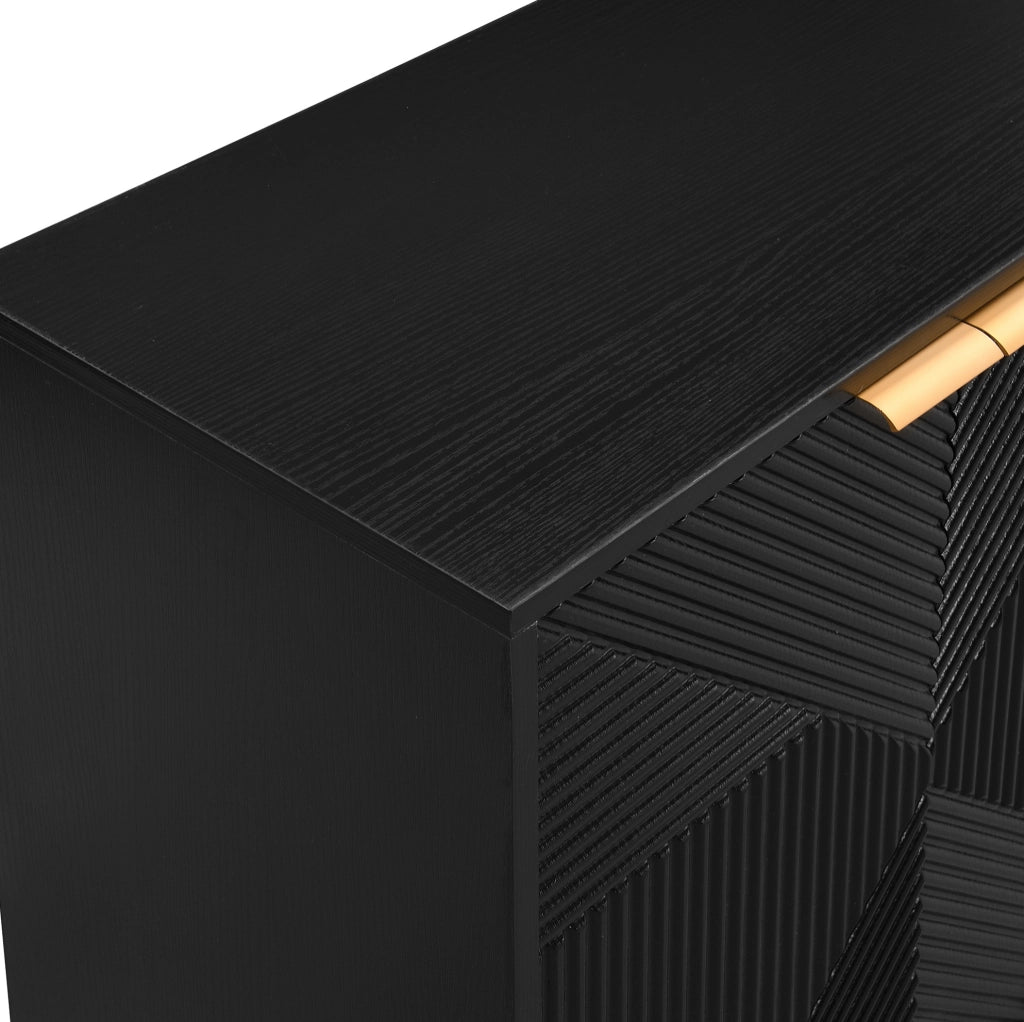 Credenza nera in MDF con 4 ante incise; ripiani interni regolabili e gambe regolabili