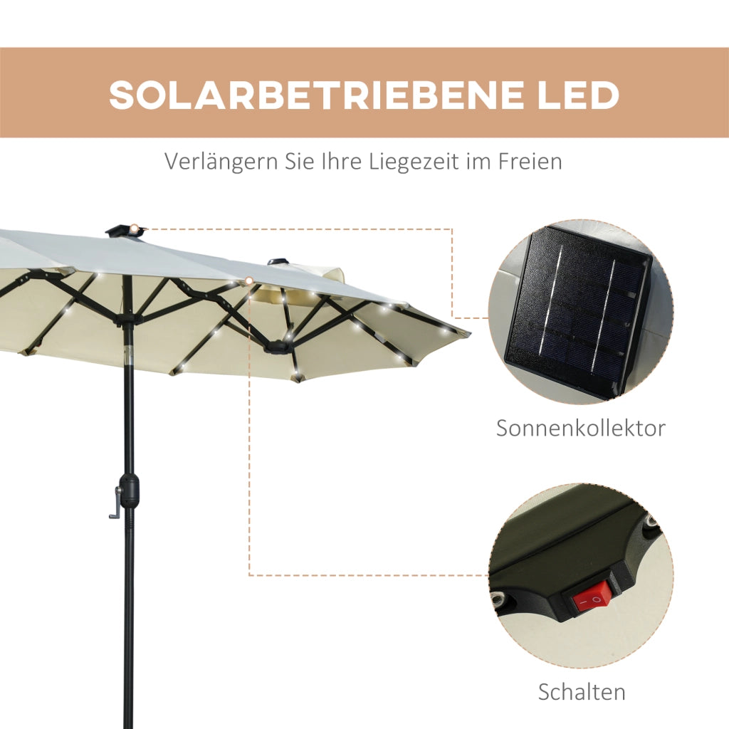 Doppio parasole; parasole da patio; inclinabile; con pannello solare; 35 LED; telaio in acciaio; beige; 2;92 x 1;50 x 2;18 m