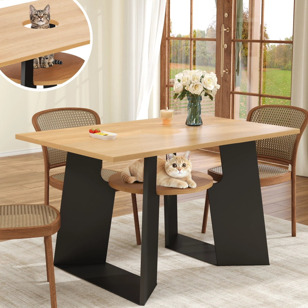 Tavolo da pranzo con apertura per gatti e ripiano inferiore in MDF nero e naturale 130 × 85 × 75 cm