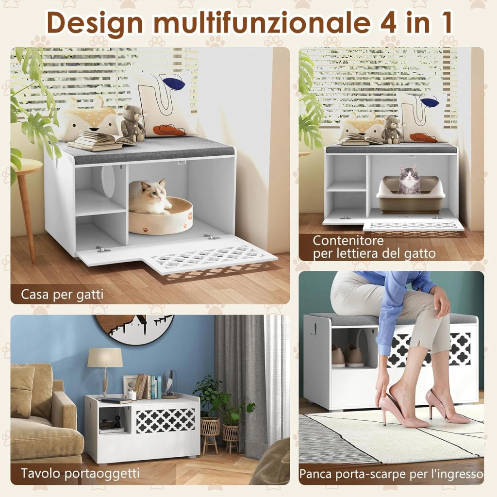 Mobile per Lettiera per Gatti, Panca per Lettiera per Gatti, Mobile Contenitore con Cuscino Rimovibile per Gatti da Interno, Bianco, 90 x 48,5 x 52 cm
