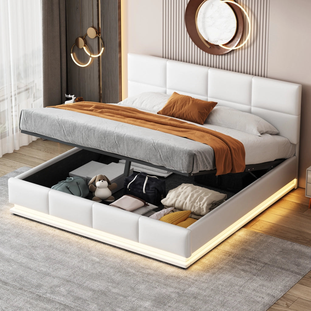 Letto matrimoniale imbottito 160x200 cm con LED; contenitore idraulico e struttura in metallo; bianco