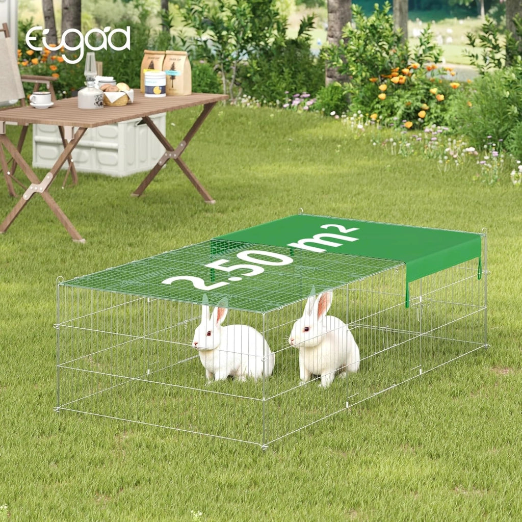 Recinto per Cani da Giardino, Gabbia per Animali Domestici, Conigli, Gatti, Cuccioli, Porte con Chiavistello e Parasole, in Fili Metallici, 216x116x65 cm
