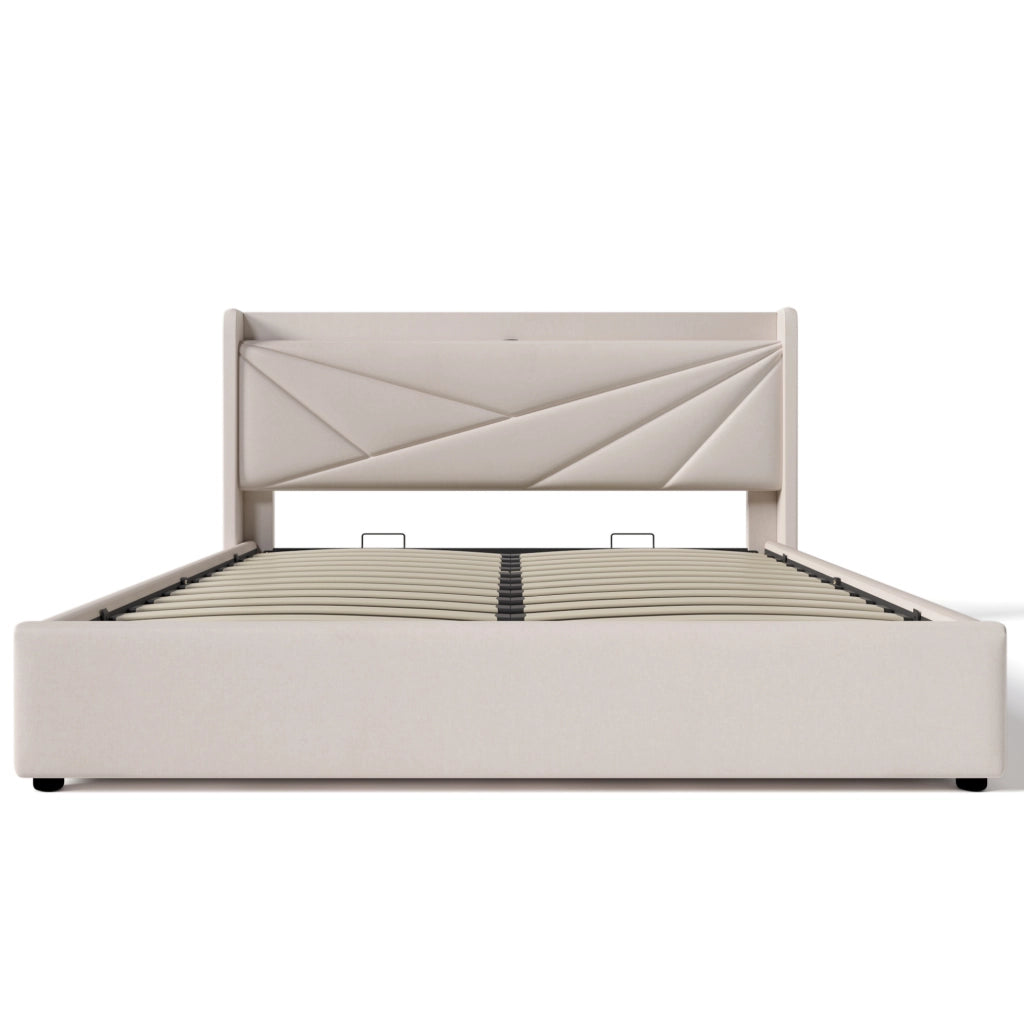 Letto matrimoniale contenitore 160x200 beige con materasso e USB-C