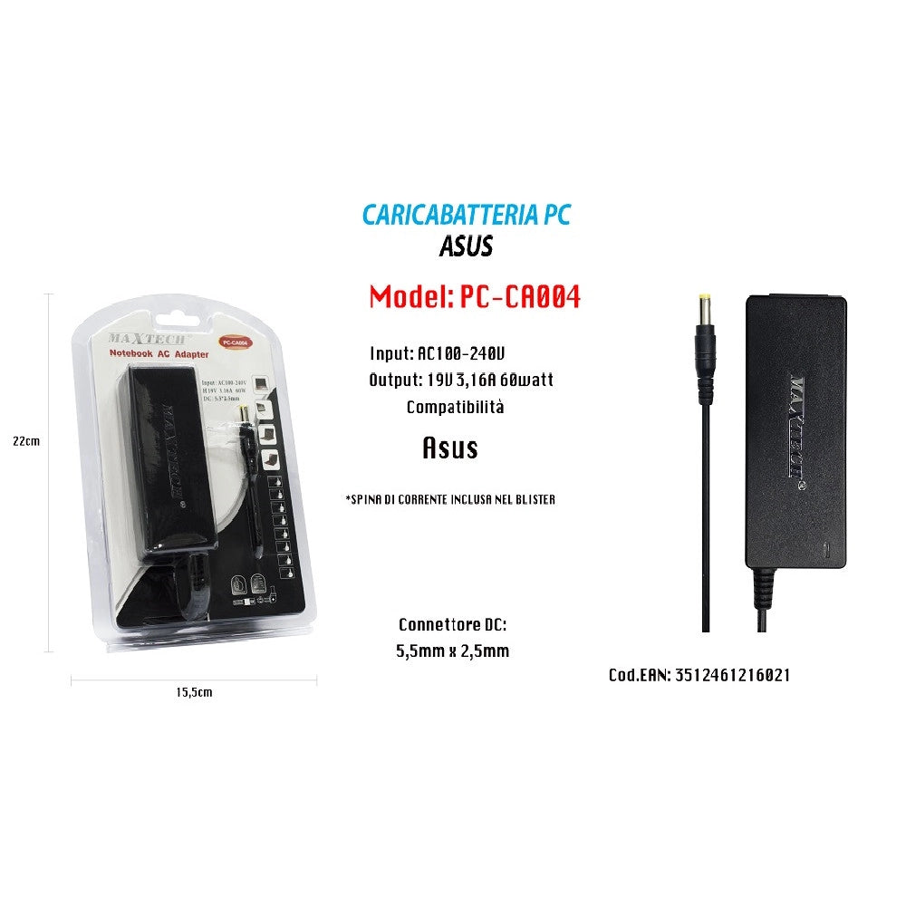 Trade Shop - Caricabatteria Notebook Pc Alimentatore Per Asus 19v 3,16a 60w Maxtech Pc-ca004 -