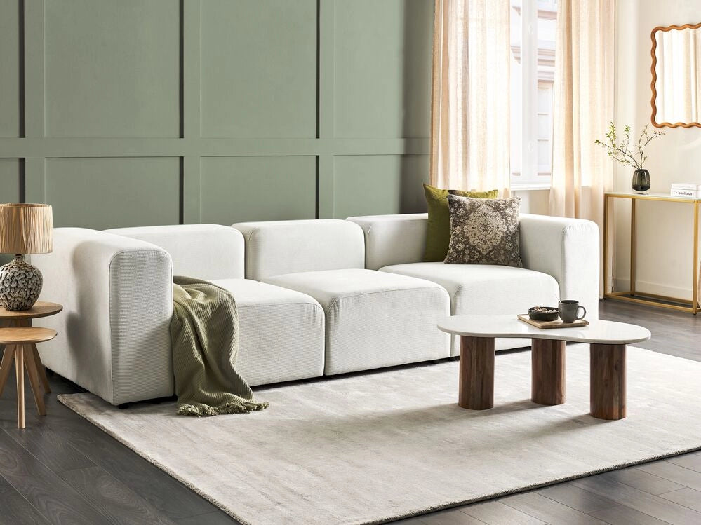 Divano componibile a 3 posti rivestito con velluto bianco stile moderno