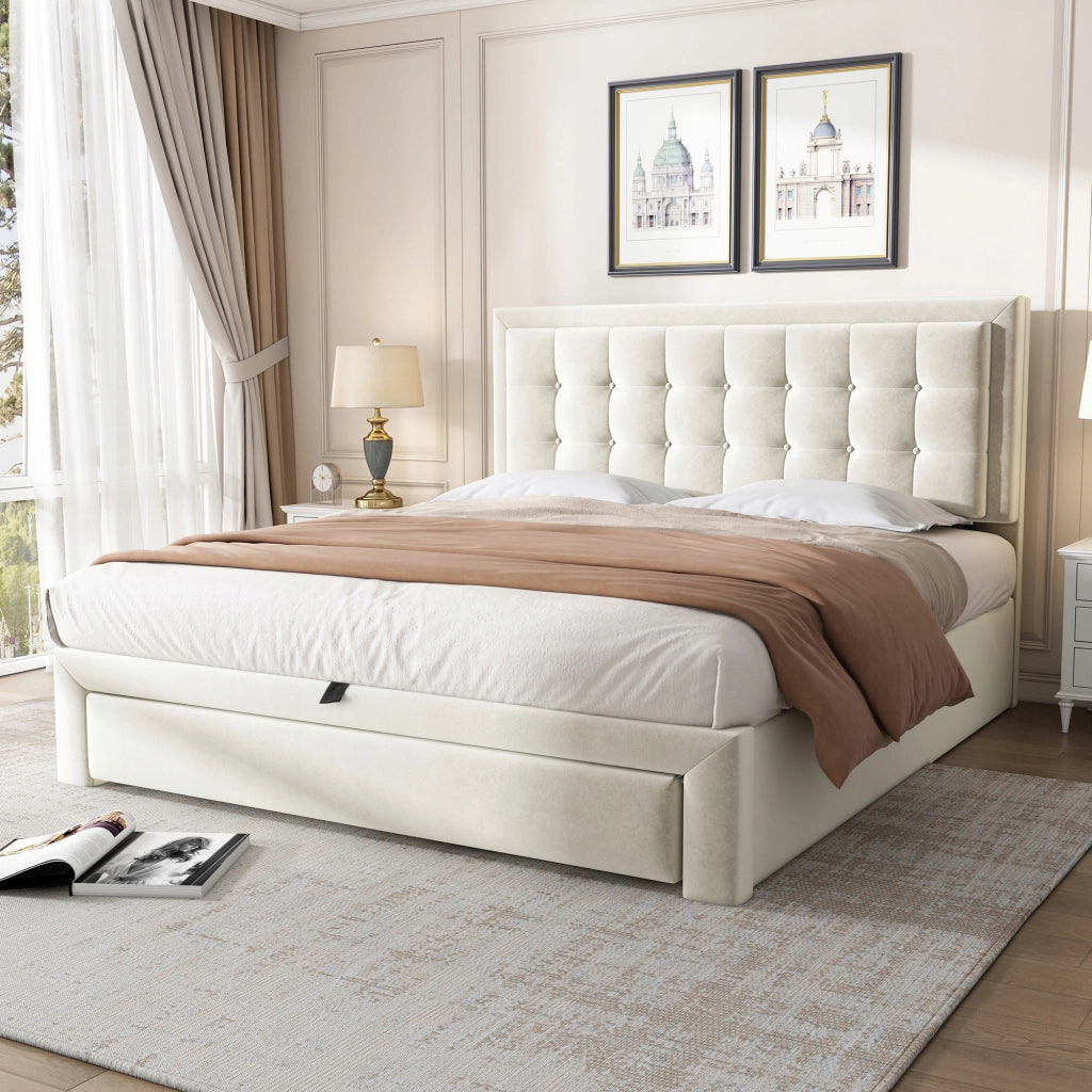 Letto imbottito con cassetti - Xylo - 140x200 - Beige - Velluto