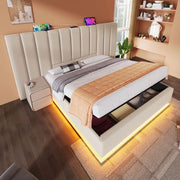 LETTO Contenitore 160x200 cm Beige in lino con LED e ricarica USB-C