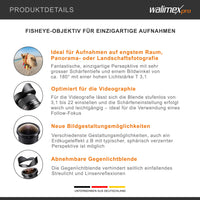 Walimex Pro 12mm 1:3.1 Fish-Eye VCSC per obiettivo Canon EF con baionetta nera (messa a fuoco manuale, calcolato per il sensore full-frame, regolazione continua dell'apertura, con paraluce rimovibile)