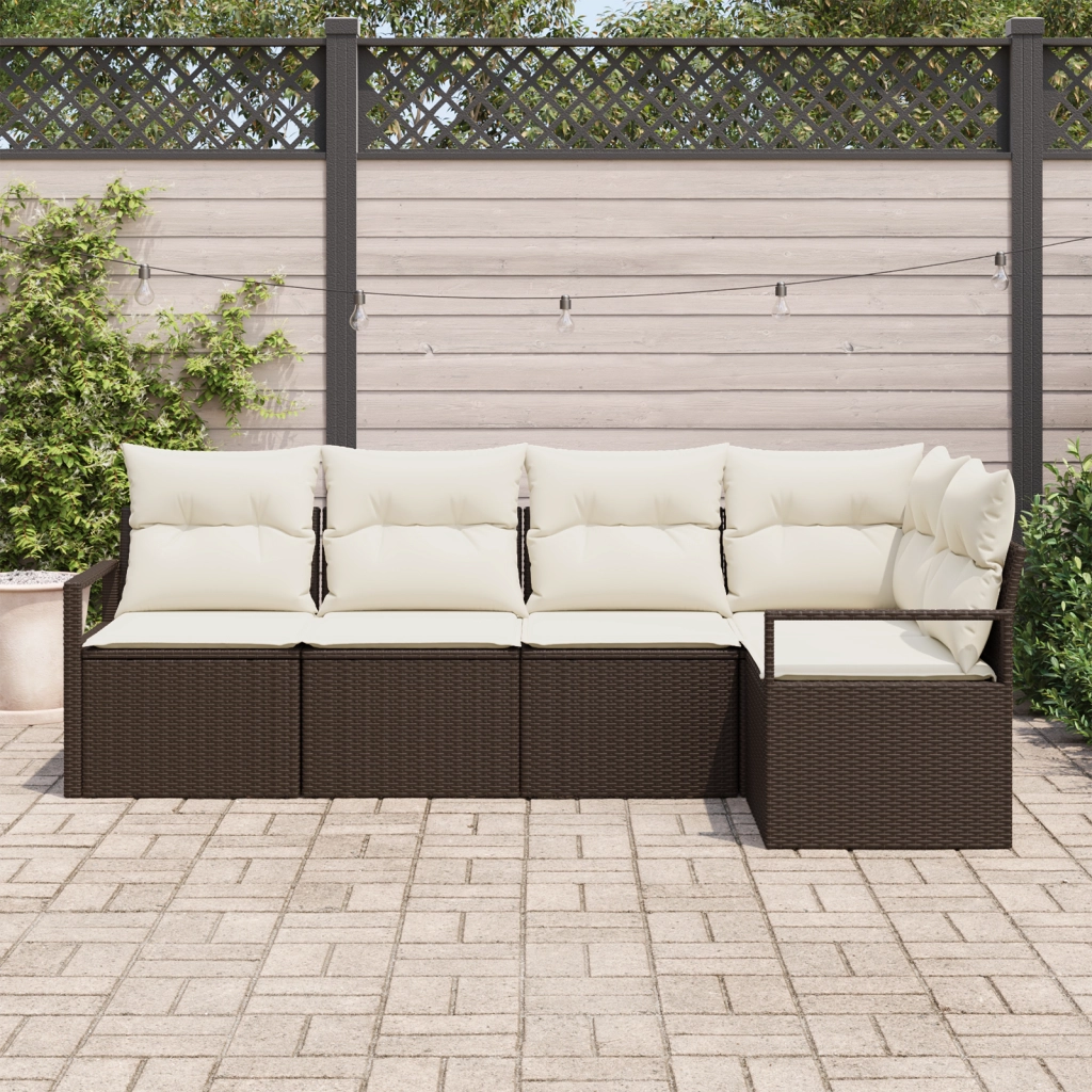 Set di Divani da Giardino  da 5 Pezzi con Cuscini Marrone in Polyrattan