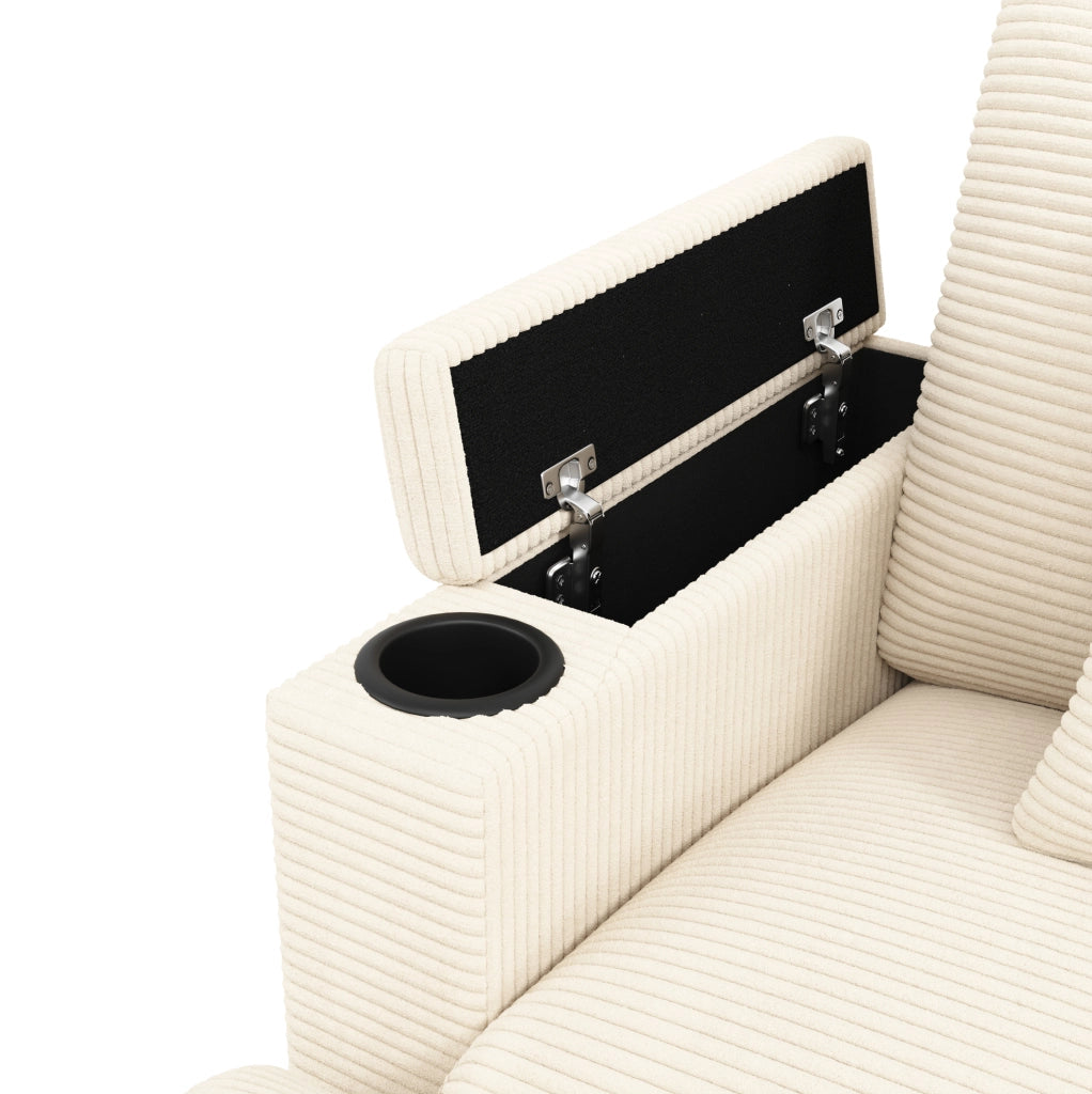 Divano modulare beige in velluto a coste con USB e portaoggetti