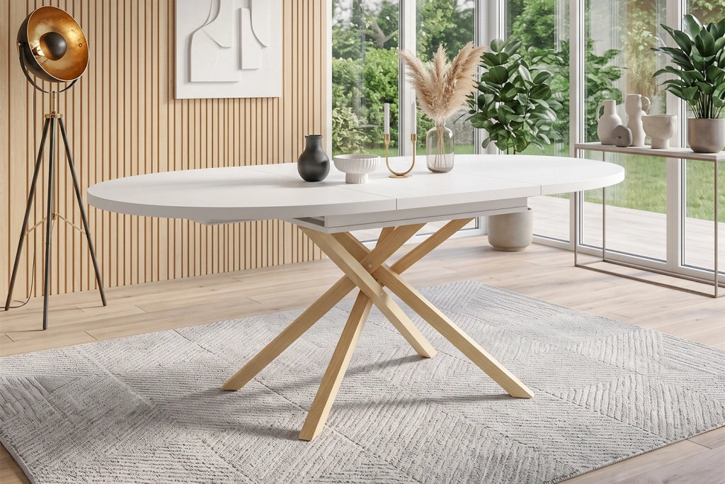 Tavolo allungabile con base a croce, struttura stabile in MDF e metallo, per sala da pranzo cucina soggiorno, bianco