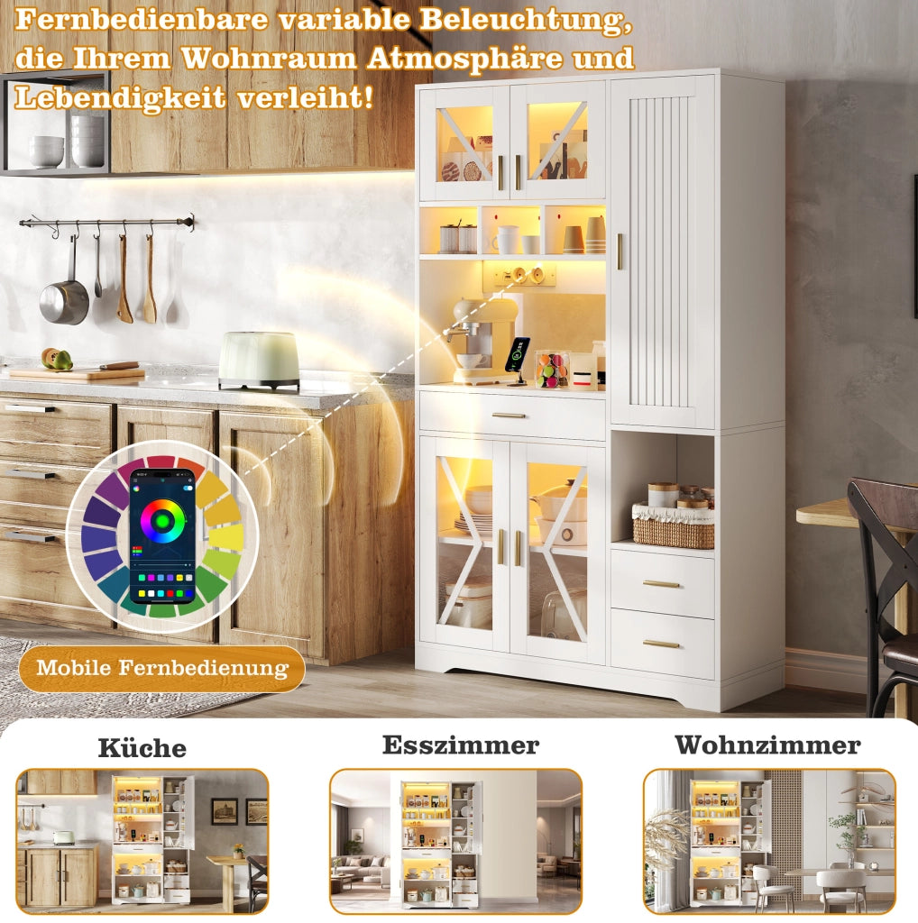 Credenza alta con LED e prese, 105x40x185 cm, bianca