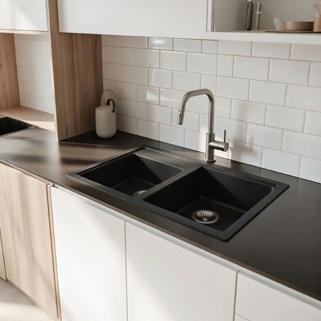 Lavello 86 cm da incasso in sintetico effetto granito due vasche - Nero