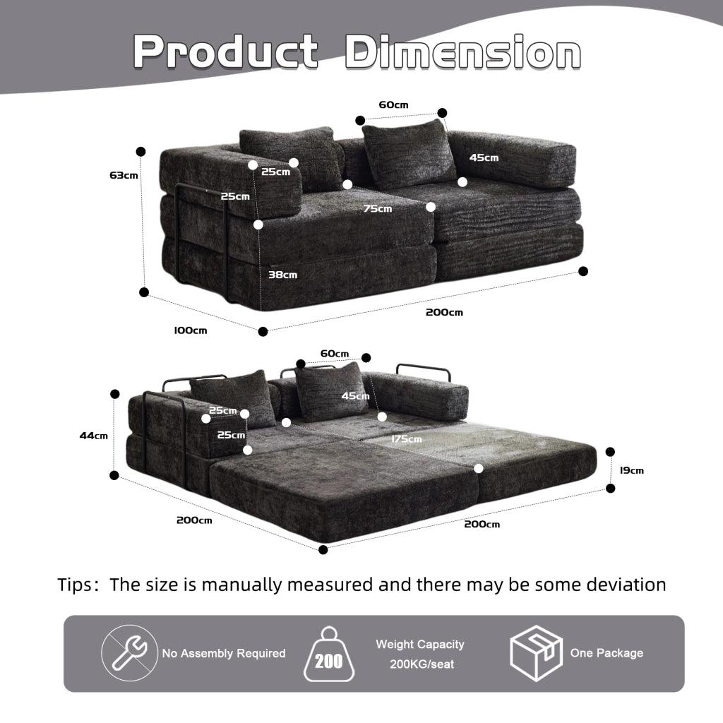 Divano letto modulare a 2 posti in chenille nero convertibile pieghevole senza montaggio 38 × 107 × 44 cm