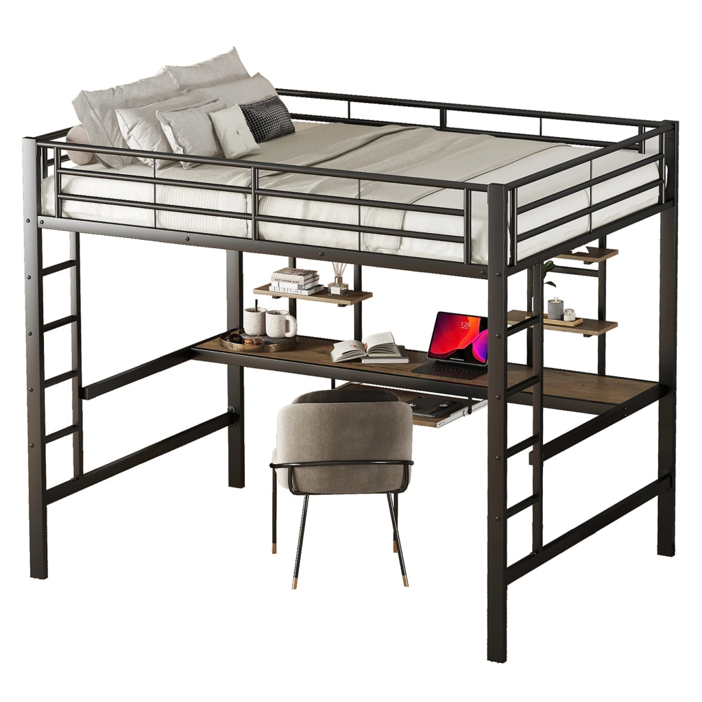 Letto a Soppalco Matrimoniale con Scrivania e 2 Scaffali; 140 x 200 cm; senza Materasso; Nero