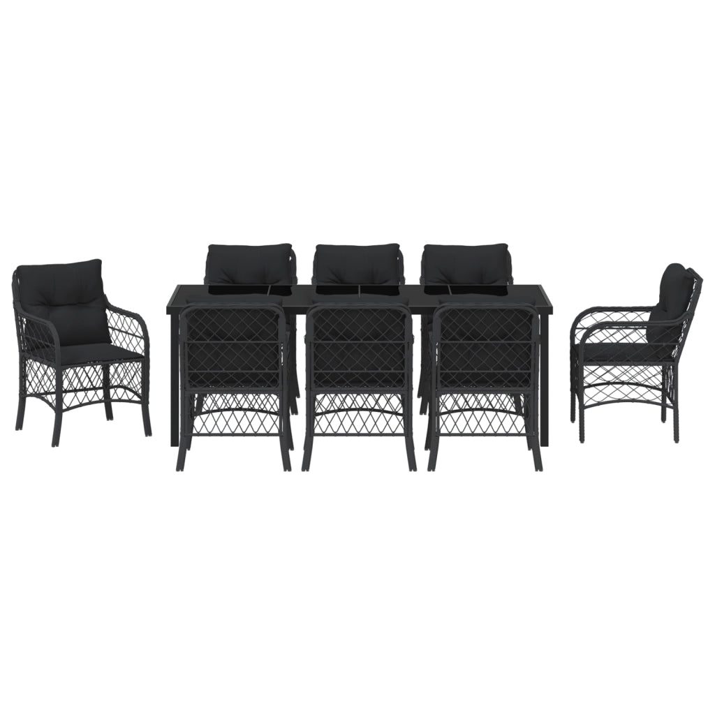 Set da Pranzo da Giardino 9 Pezzi con Cuscini Nero Polyrattan