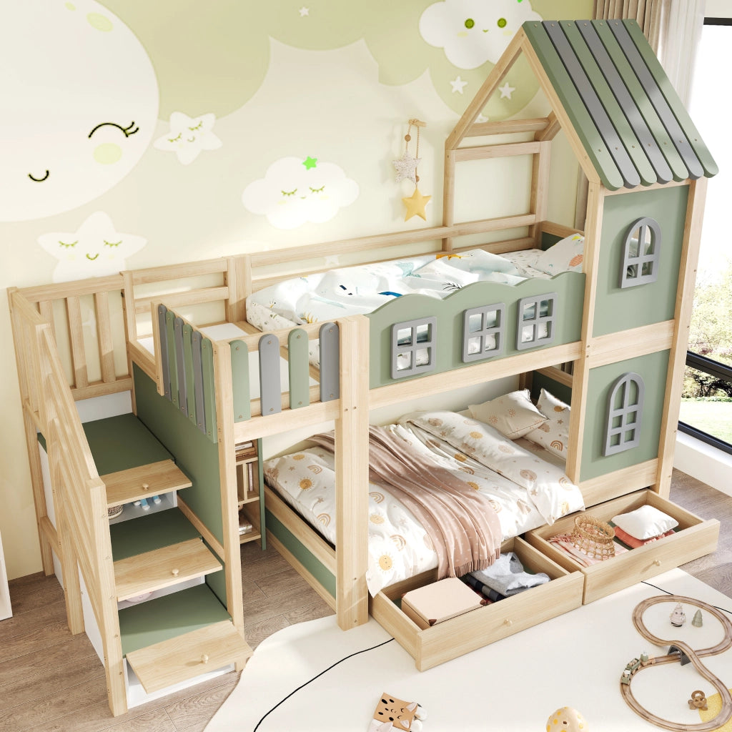 Letto a Castello 90x200 cm; 2 Posti - Scaletta Contenitore; Cassetti - Legno Verde Grigio