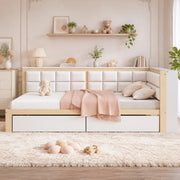 Divano letto in legno 140x200 cm con schienale imbottito e 2 cassetti; colore naturale