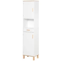 kleankin Mobile Bagno Salvaspazio in Legno, Mobile a Colonna con Armadietti e Cassetto, 39x30x180cm, Bianco