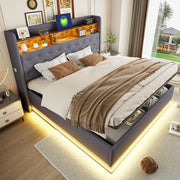 LETTO imbottito LED 180x200 cm grigio con USB e contenitore idraulico
