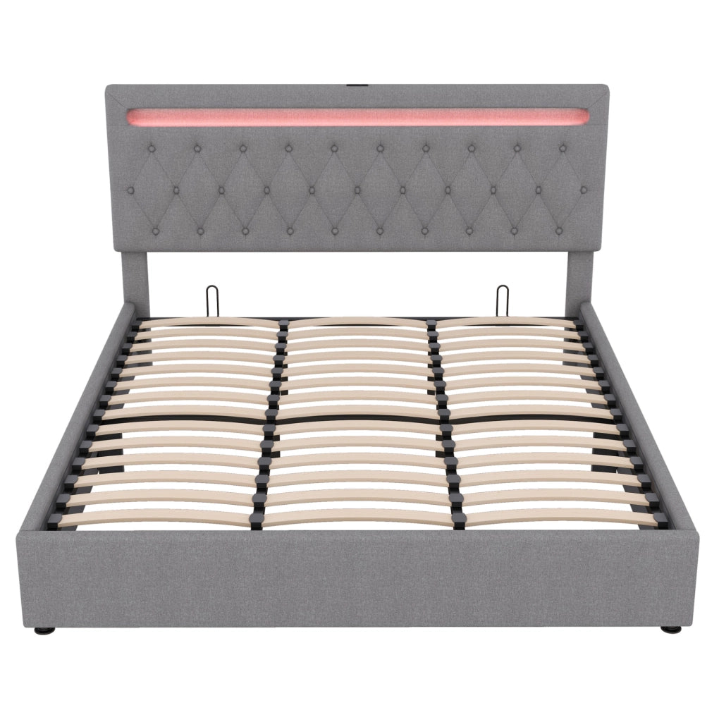 Letto imbottito 180x200 cm con contenitore; sollevamento idraulico; LED e USB; grigio