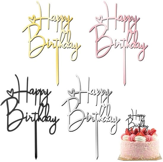 Decorazione per torta per compleanno 4 pezzi - Acril - Giallo/Argento/Nero/Rosso oro - Buon compleanno - Decorazione per festa - Dimensioni 14,5x10 cm