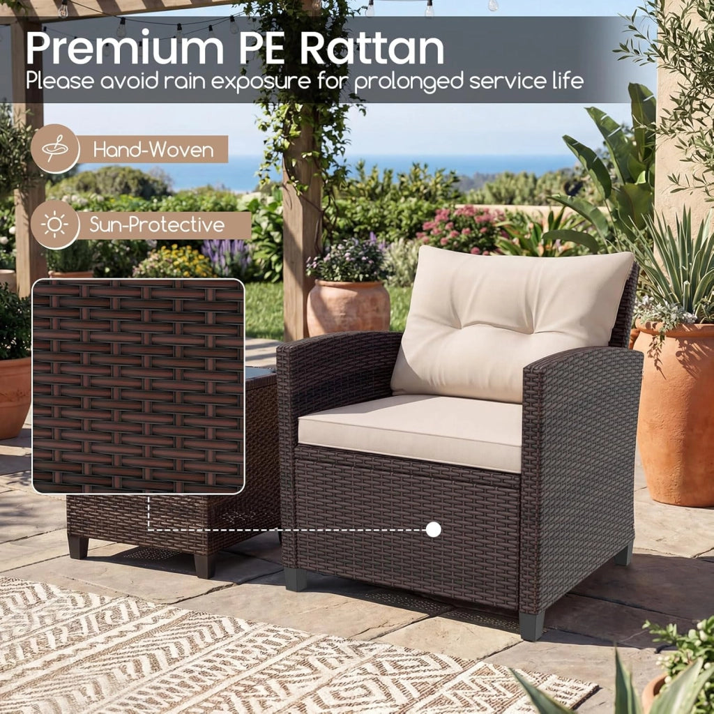 Set di Mobili da Giardino, in Rattan, 3 Pezzi Mobiletti, 1 Tavolino + 2 Poltrone, Salottino da Esterno, con Cuscini per Balcone, Giardino, Cortile, Terrazza, 3 Colori (Bianco)