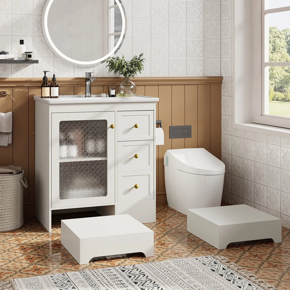 Mobile Bagno con Lavabo in Ceramica, LED e Ante a Specchio ¨C Xylo ¨C Bianco/Oro